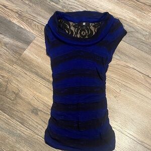 Iz Byer Royal Blue and Black Striped Short Sleeve Top
